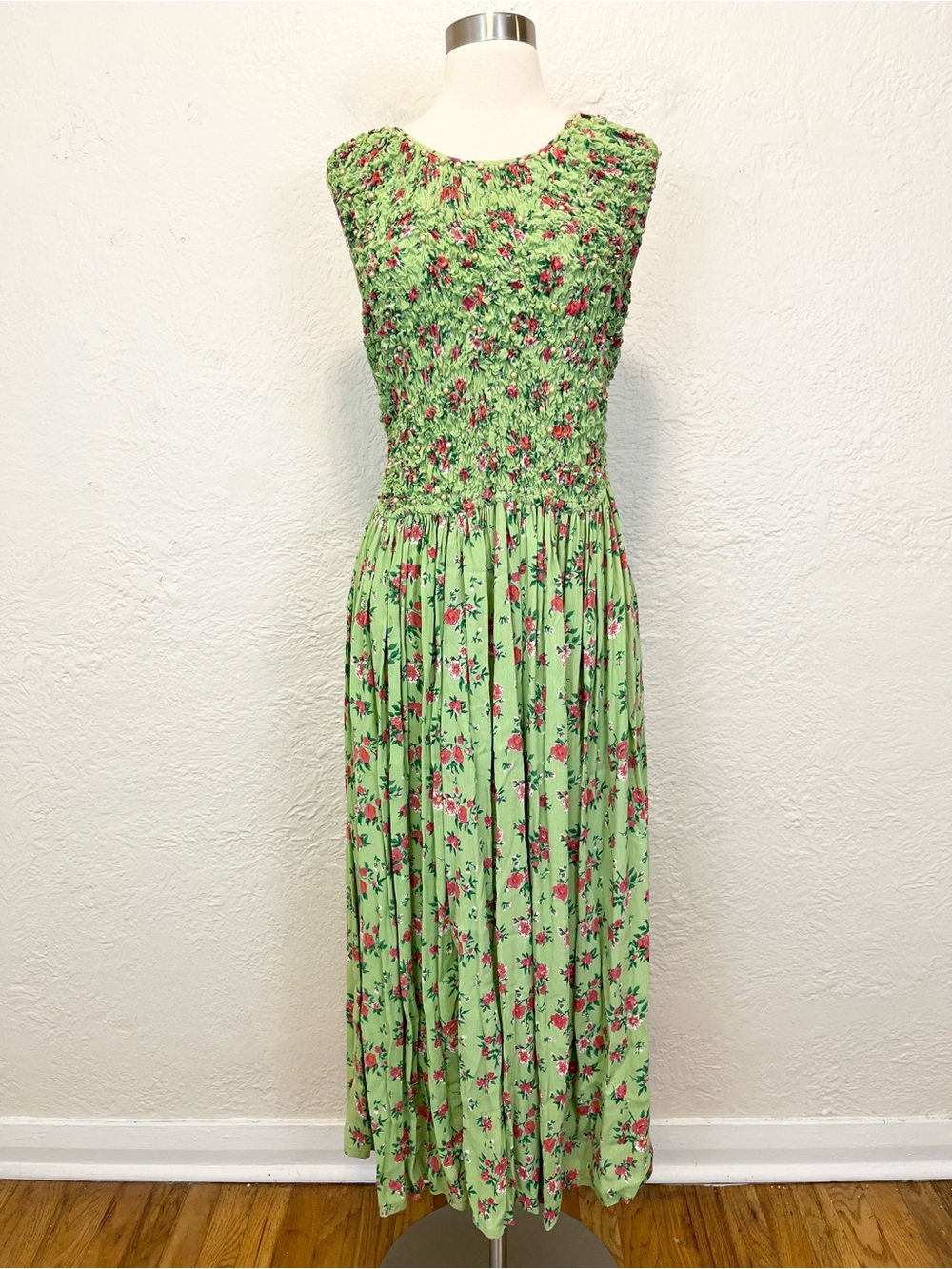 Vintage 90s Y2K Dress Green Pink Floral Beaded Smocked Cottagecore Boho Retro M - Picture 13 of 13
